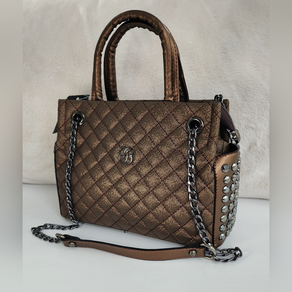 Quilted Bronze Tote Bag Studs Side Chain Strap Full Zip Shoulder Or Cross Body